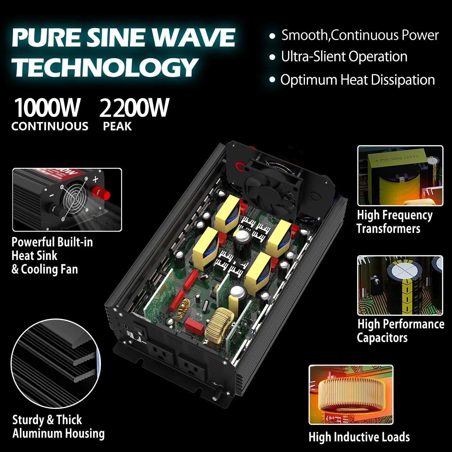 TYCORUN 1000w Inverter Pure Sine Wave 12V DC to AC Power Inverter for Car, Rv, Off Grid, Camp, Solar System