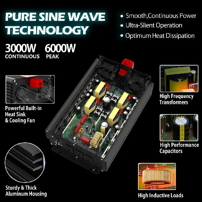 TYCORUN 3000w Inverter Pure Sine Wave 12V DC to 120V AC Converter for Home, RV, Truck, Off-Grid Solar Power Inverter