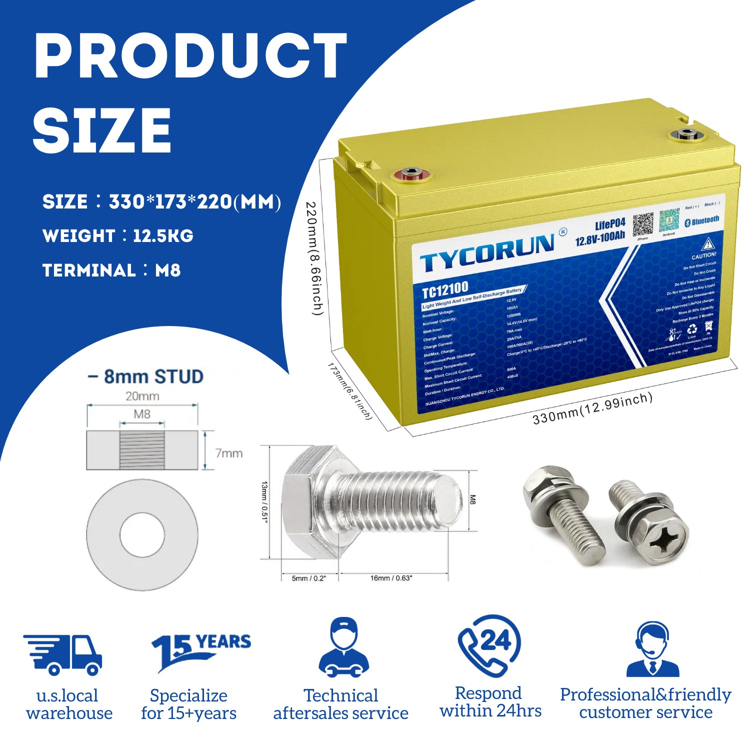 Tycorun Smart Bluetooth 12V 100Ah Lithium Deep Cycle Battery