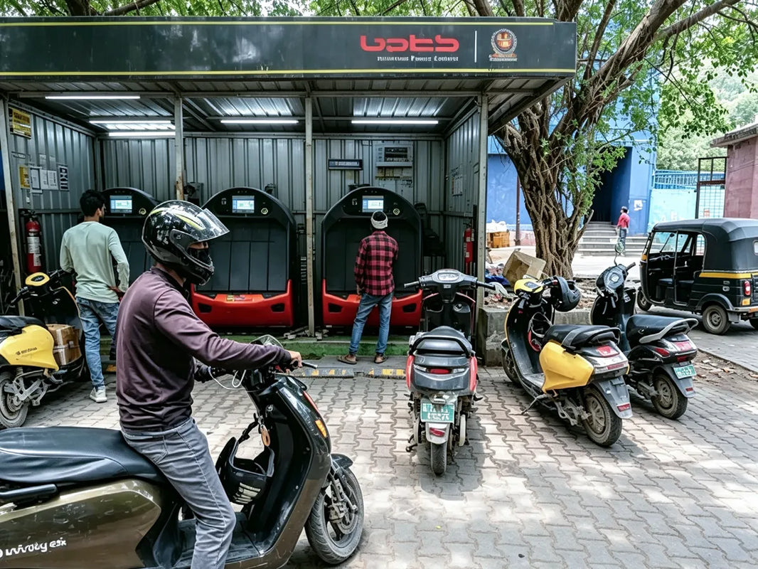 Electric three-wheeler and delivery rider at a battery swapping station in India