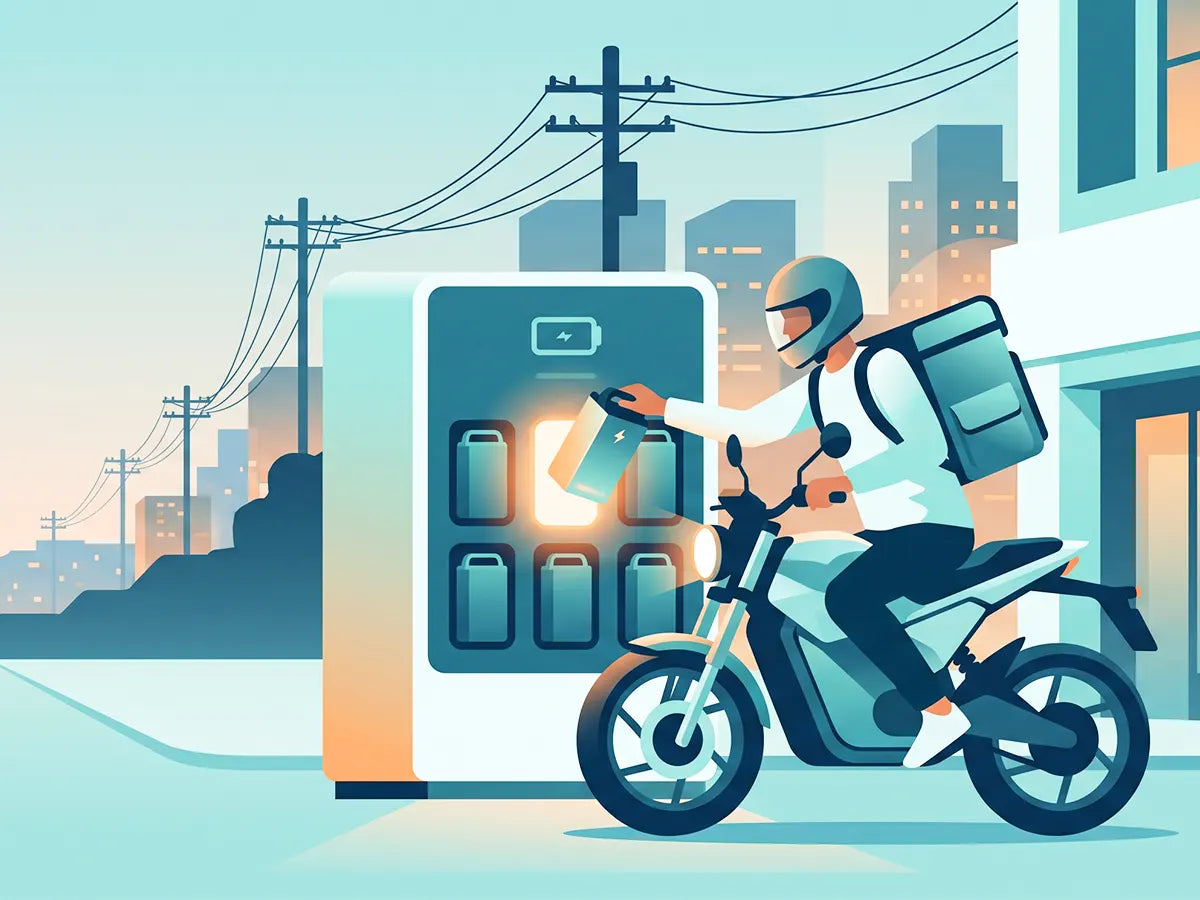 Delivery rider swapping a battery at a smart swap cabinet on a city street