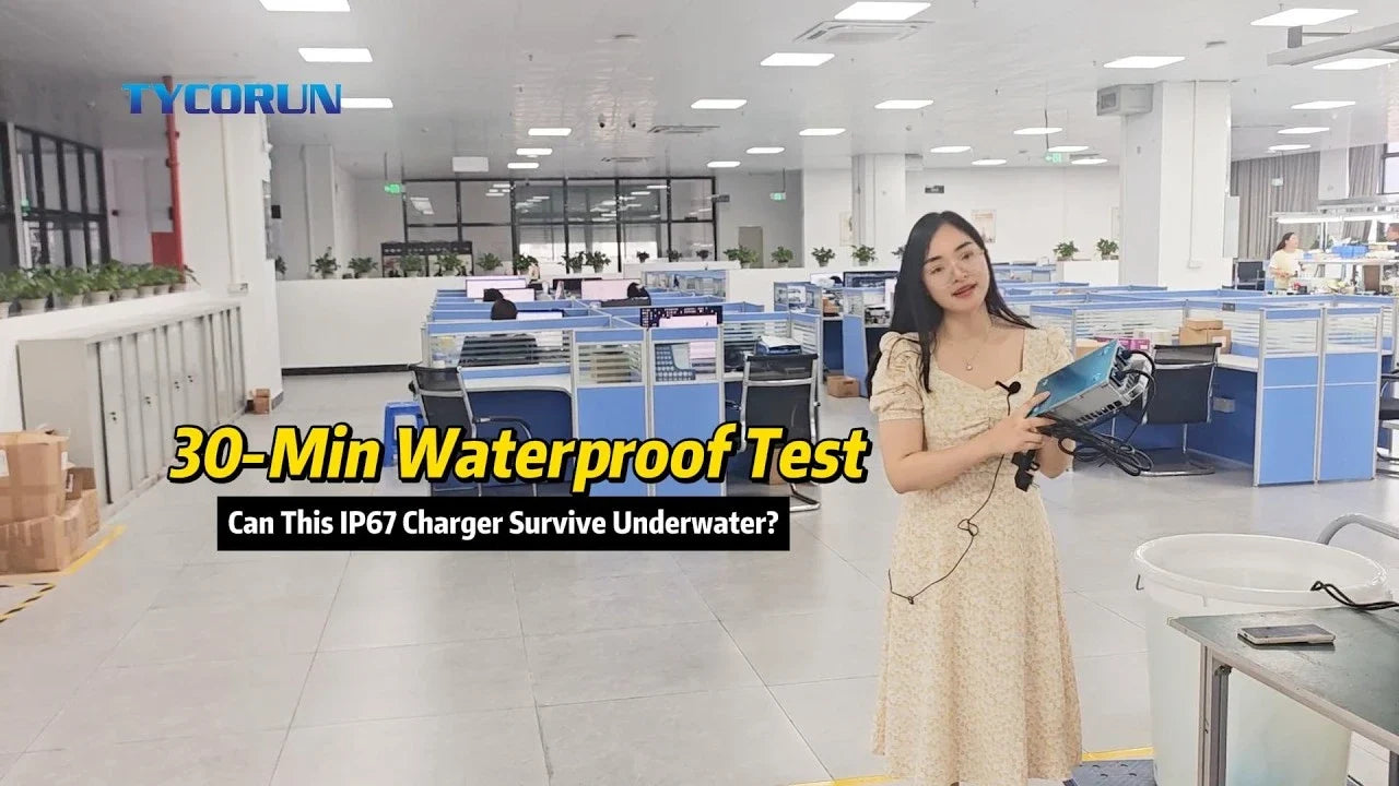 ip67 lithium battery charger waterproof test video
