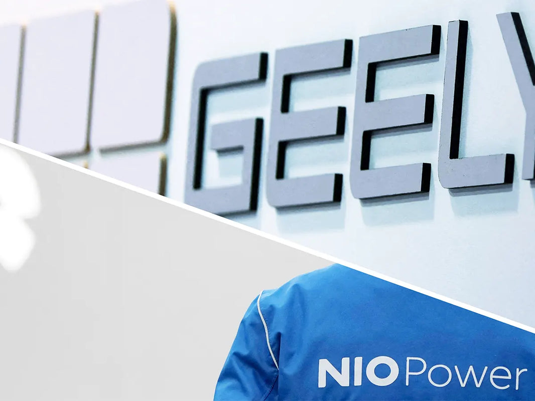 Split-screen cover featuring Geely signage and NIO Power logo, illustrating the NIO and Geely battery swap merger.
