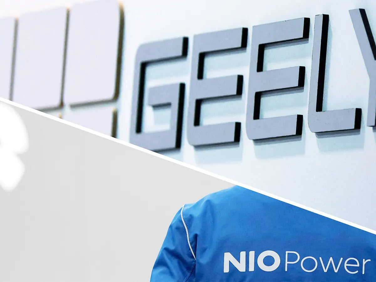 Split-screen cover featuring Geely signage and NIO Power logo, illustrating the NIO and Geely battery swap merger.
