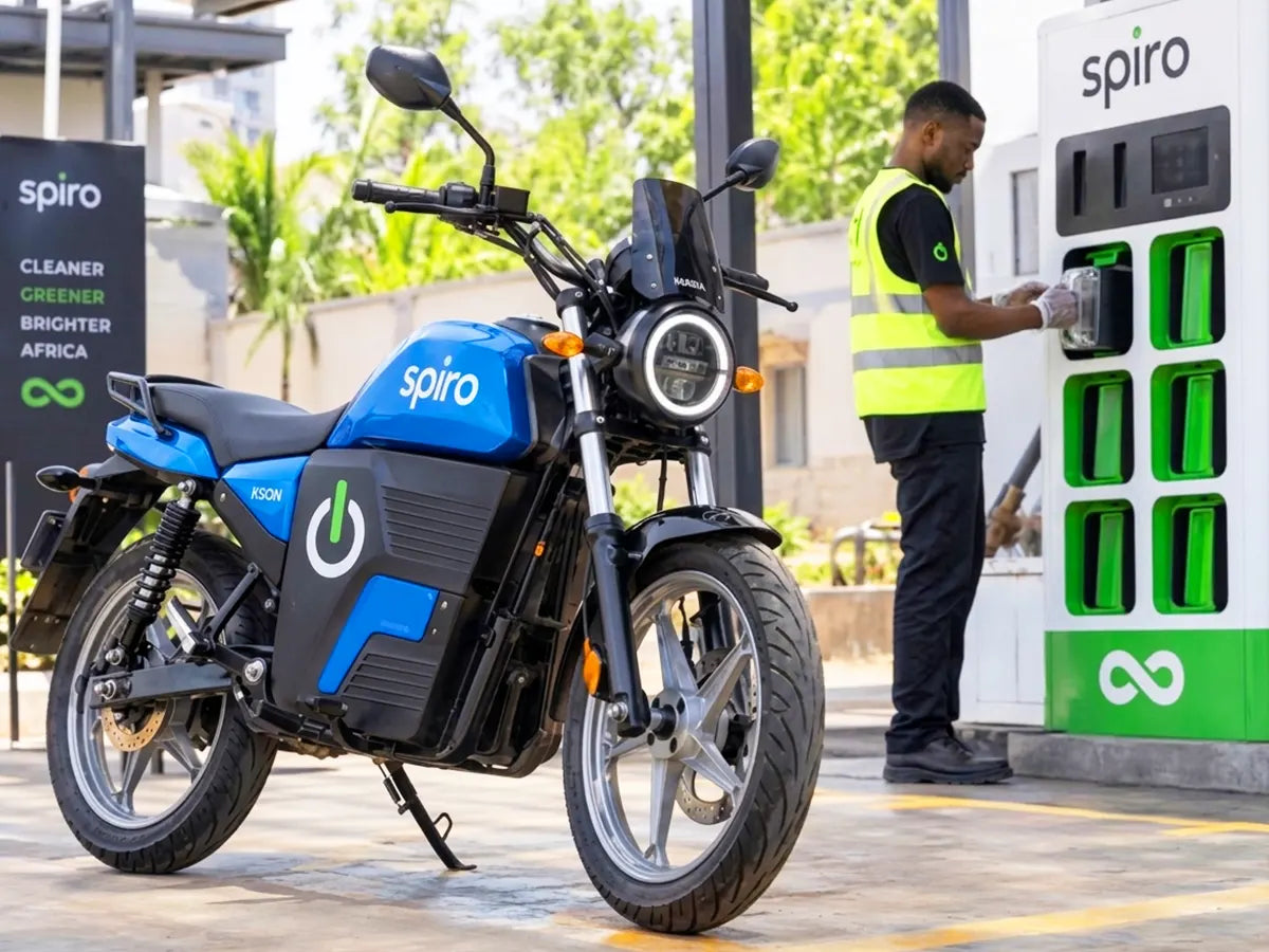 Electric motorcycle battery swapping station operated by Spiro in Africa