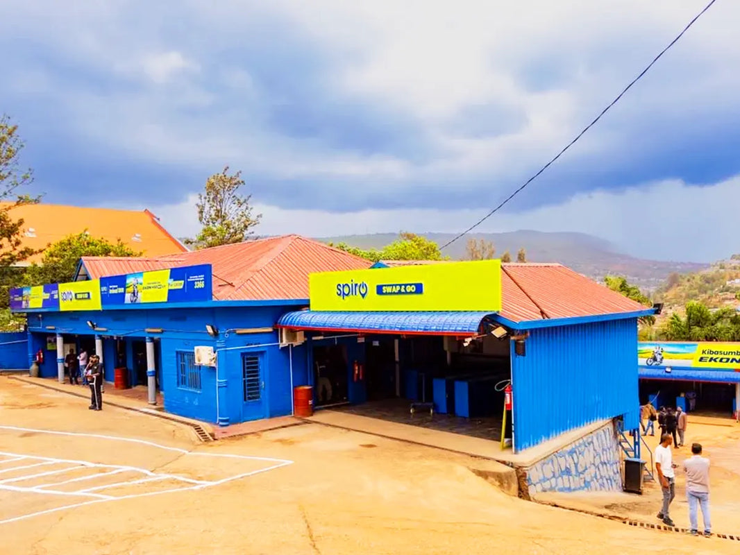 Exterior view of Spiro's 10th mega electric motorcycle battery swap station in Rwanda