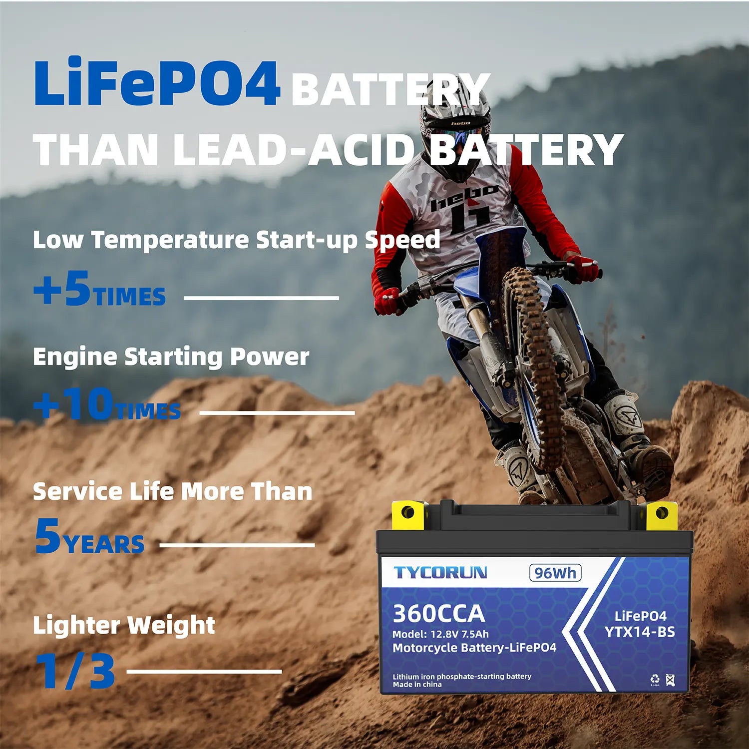 12 Volt Lithium ion Motorcycle Battery 7.5Ah 360 CCA LiFePO4