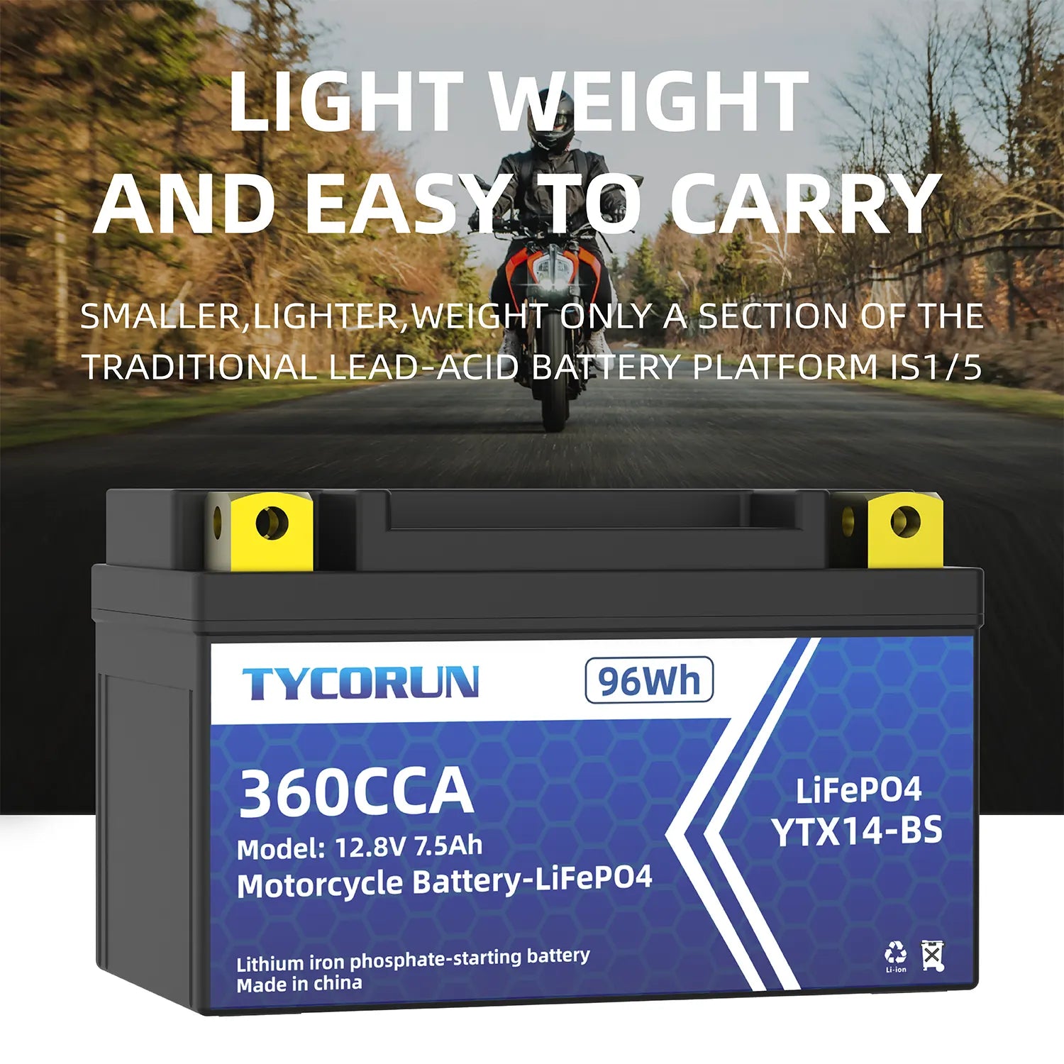 12 Volt Lithium ion Motorcycle Battery 7.5Ah 360 CCA LiFePO4-Tycorun  Batteries
