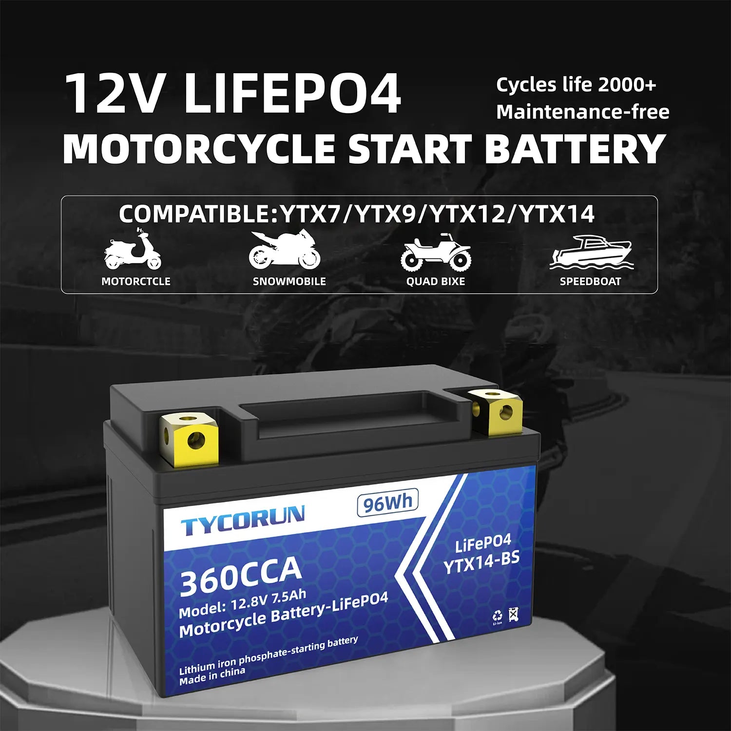 12 Volt Lithium ion Motorcycle Battery 7.5Ah 360 CCA LiFePO4Tycorun