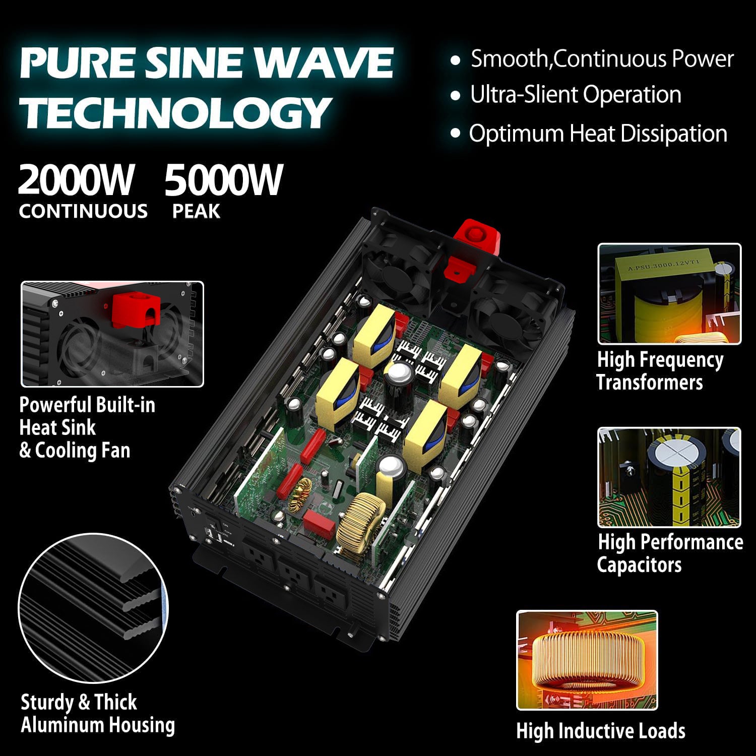 TYCORUN 2000w Inverter Pure Sine Wave 12V DC to 120V AC Converter