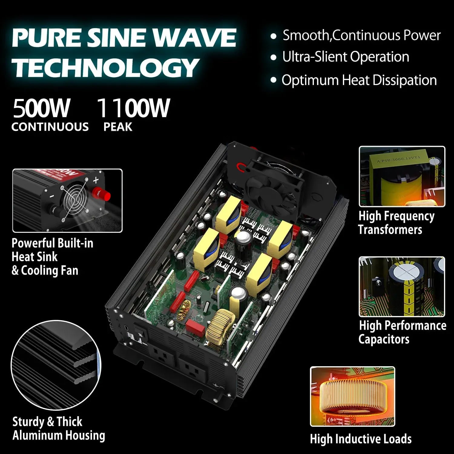 TYCORUN 500w Inverter Pure Sine Wave Power Inverter 12V DC To 110V 120V AC For Home, Car