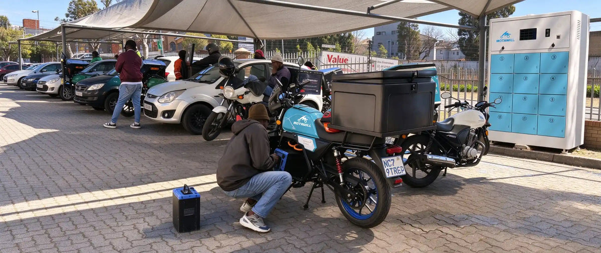 Delivery rider on a motorcycle swapping a battery at a TYCORUN swap cabinet in a parking lot in South Africa