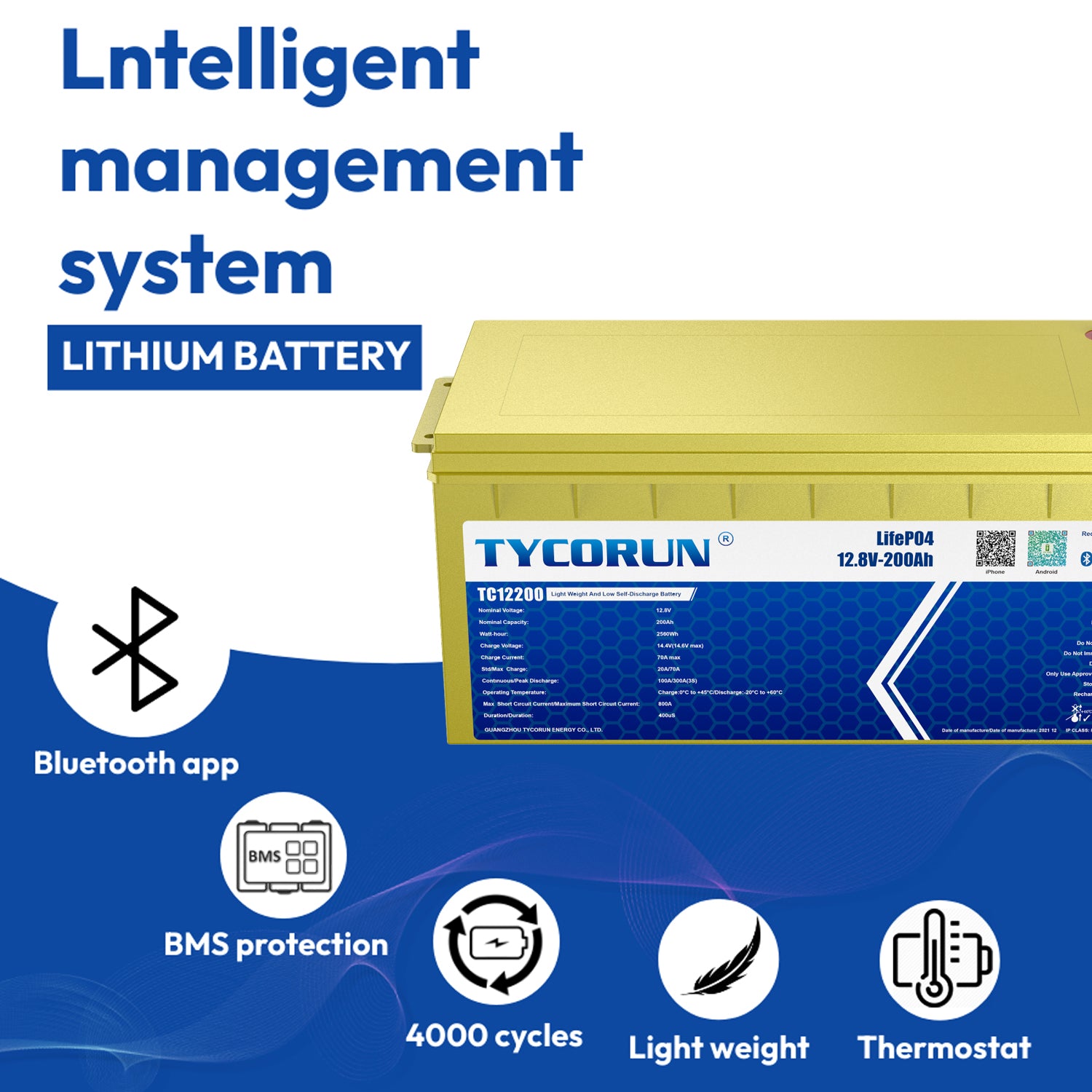 Tycorun Smart Bluetooth 12V 200Ah Lithium Deep Cycle Battery