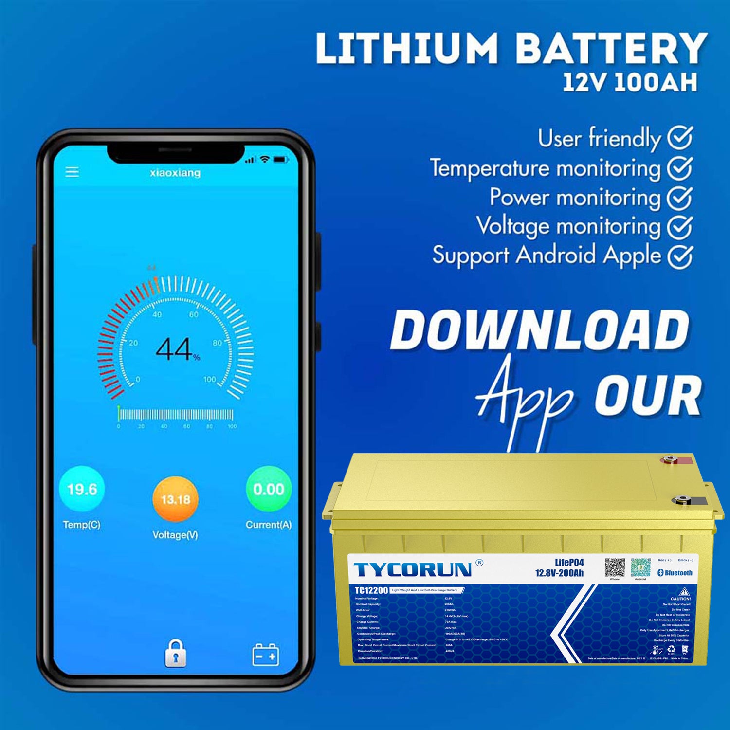 Tycorun Smart Bluetooth 12V 200Ah Lithium Deep Cycle Battery